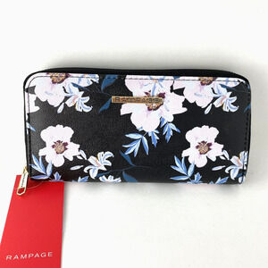 Rampage Floral Zip Around Wallet Clutch Black Blush Flowers Cottagecore NWT